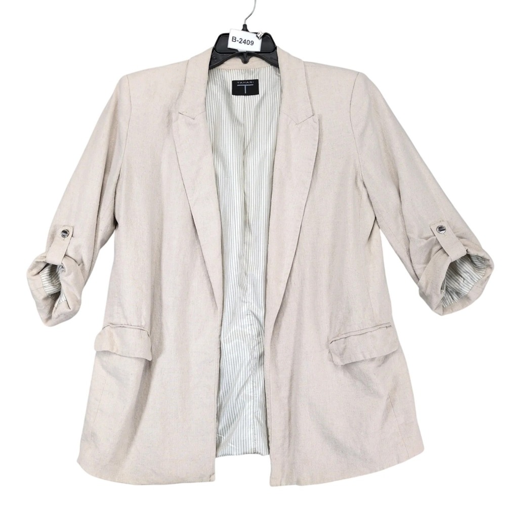 Tahari Beige Linen Blend Open Front Blazer Jacket Womens L Roll Tab Slv Coastal